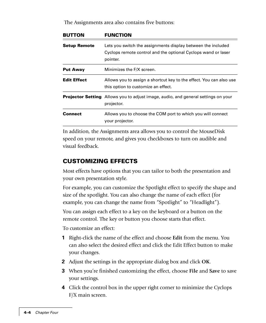 Proxima ASA 4100/4200 manual Customizing Effects, Button Function 