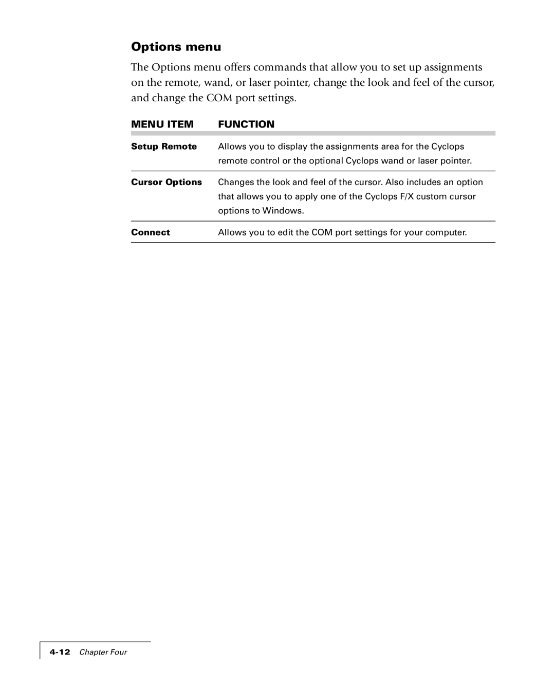 Proxima ASA 4100/4200 manual Options menu 