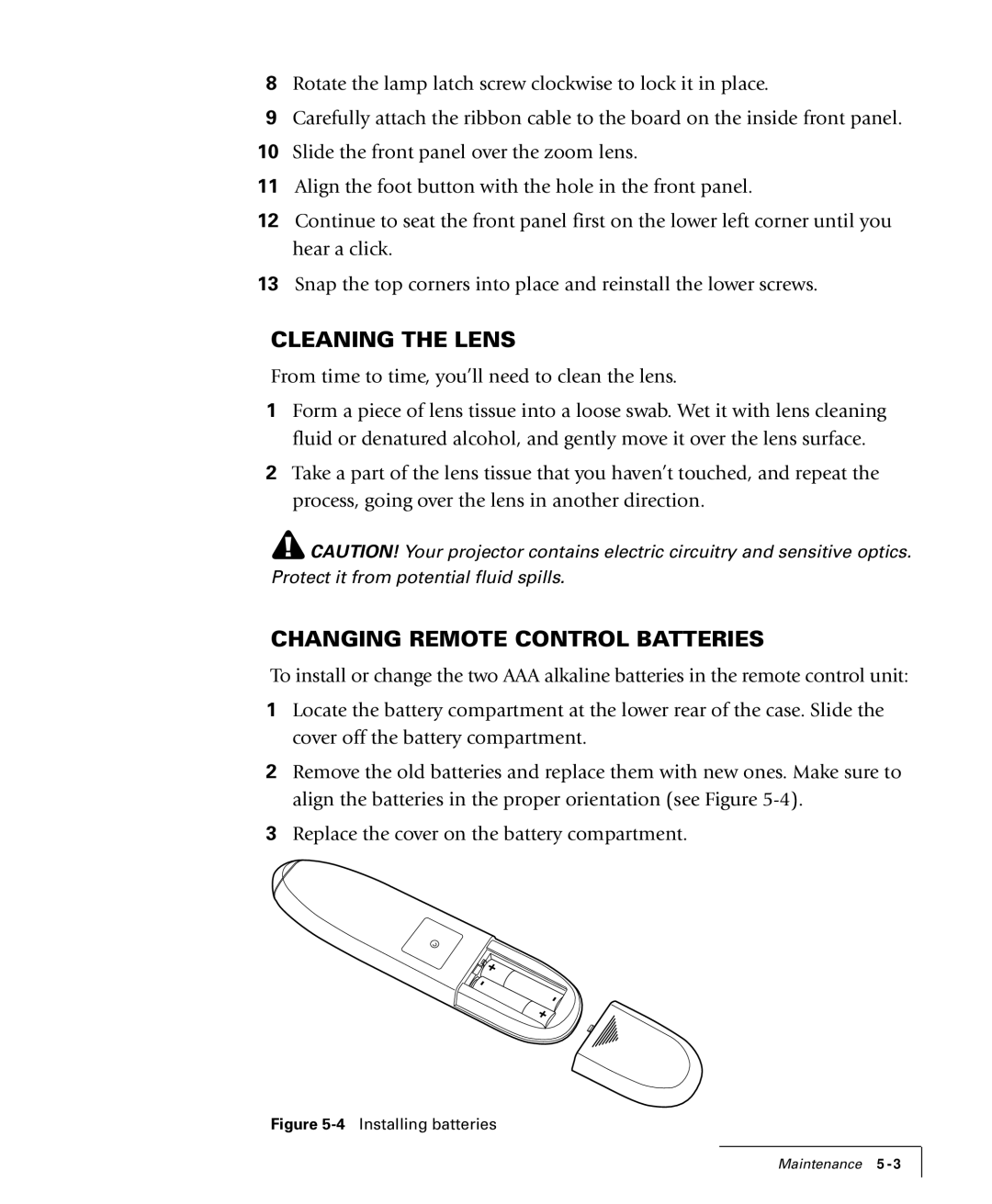 Proxima ASA 4100/4200 manual Cleaning the Lens, Changing Remote Control Batteries 