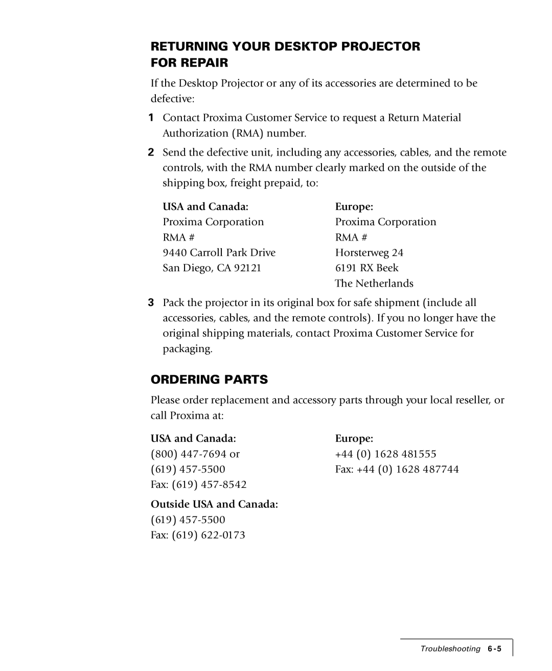 Proxima ASA 4100/4200 manual Returning Your Desktop Projector for Repair, Ordering Parts 