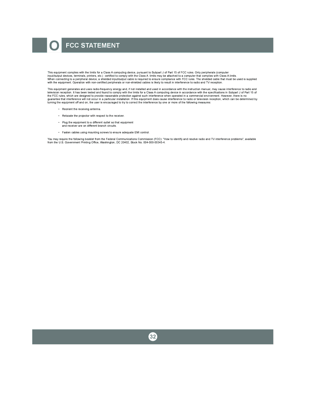 Proxima ASA 6105XGA, 6155XGA, 5155SVGA manual FCC Statement 