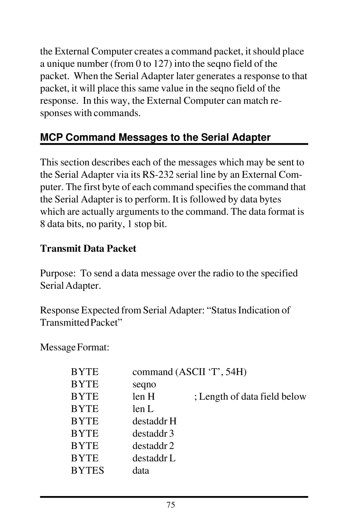 Proxima ASA 7911, 7910 manual MCP Command Messages to the Serial Adapter, Transmit Data Packet 