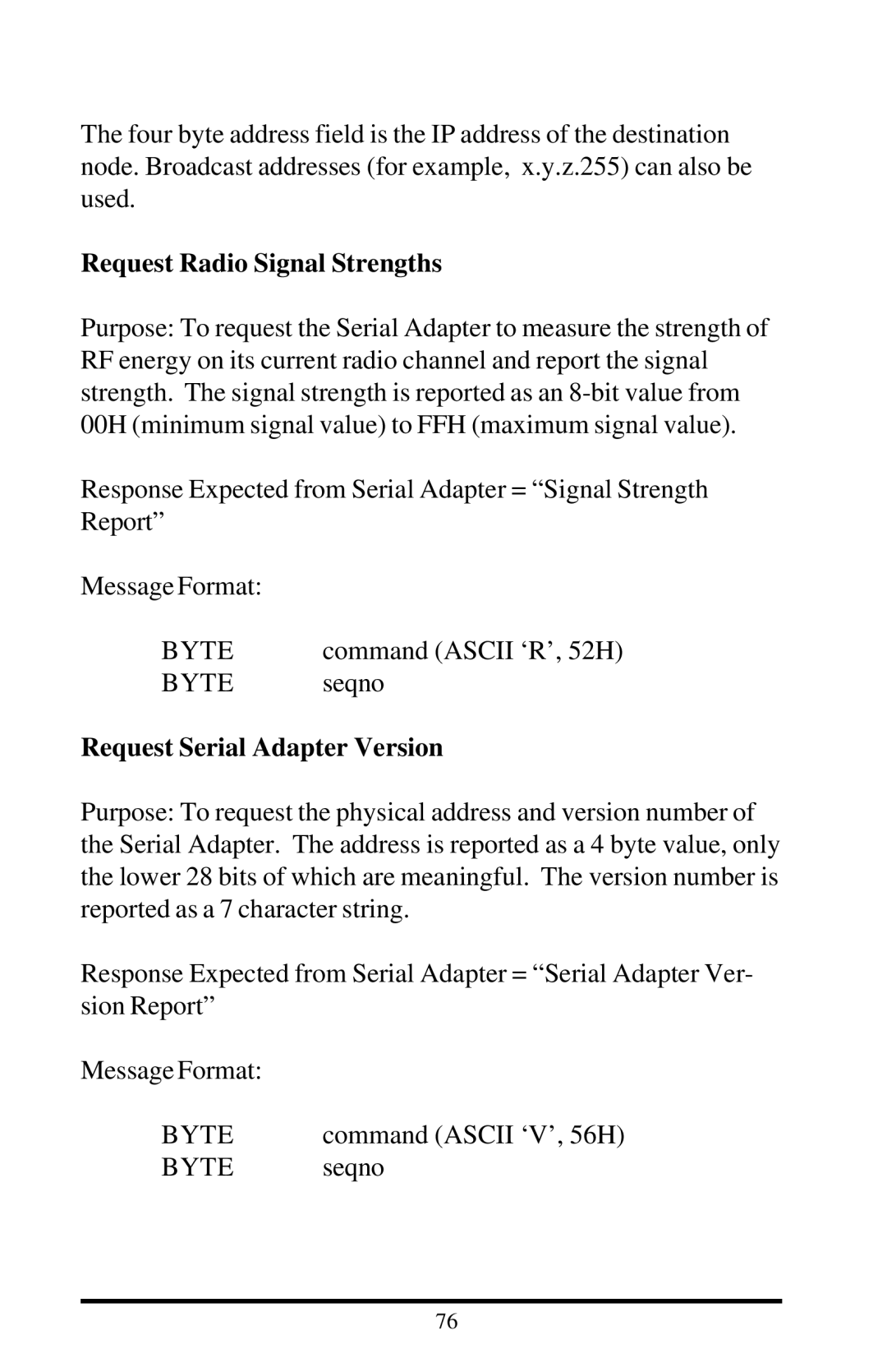 Proxima ASA 7910, 7911 manual Request Radio Signal Strengths, Request Serial Adapter Version 