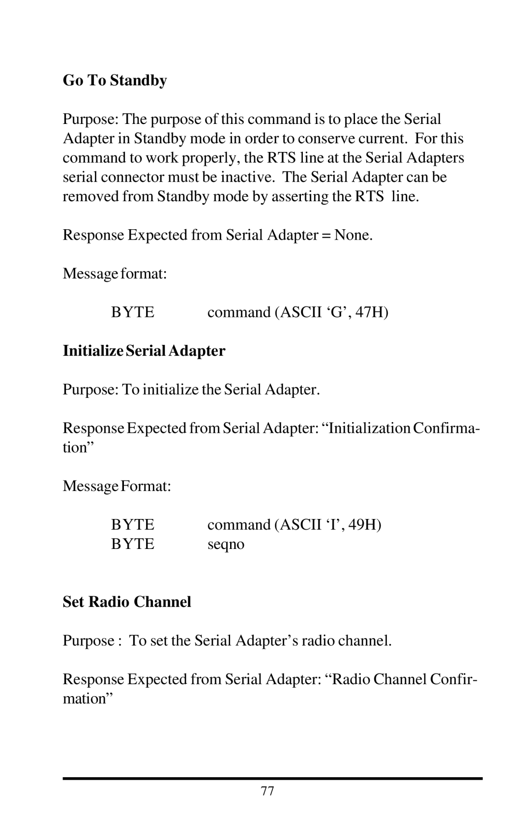 Proxima ASA 7911, 7910 manual Go To Standby, Initialize Serial Adapter, Set Radio Channel 