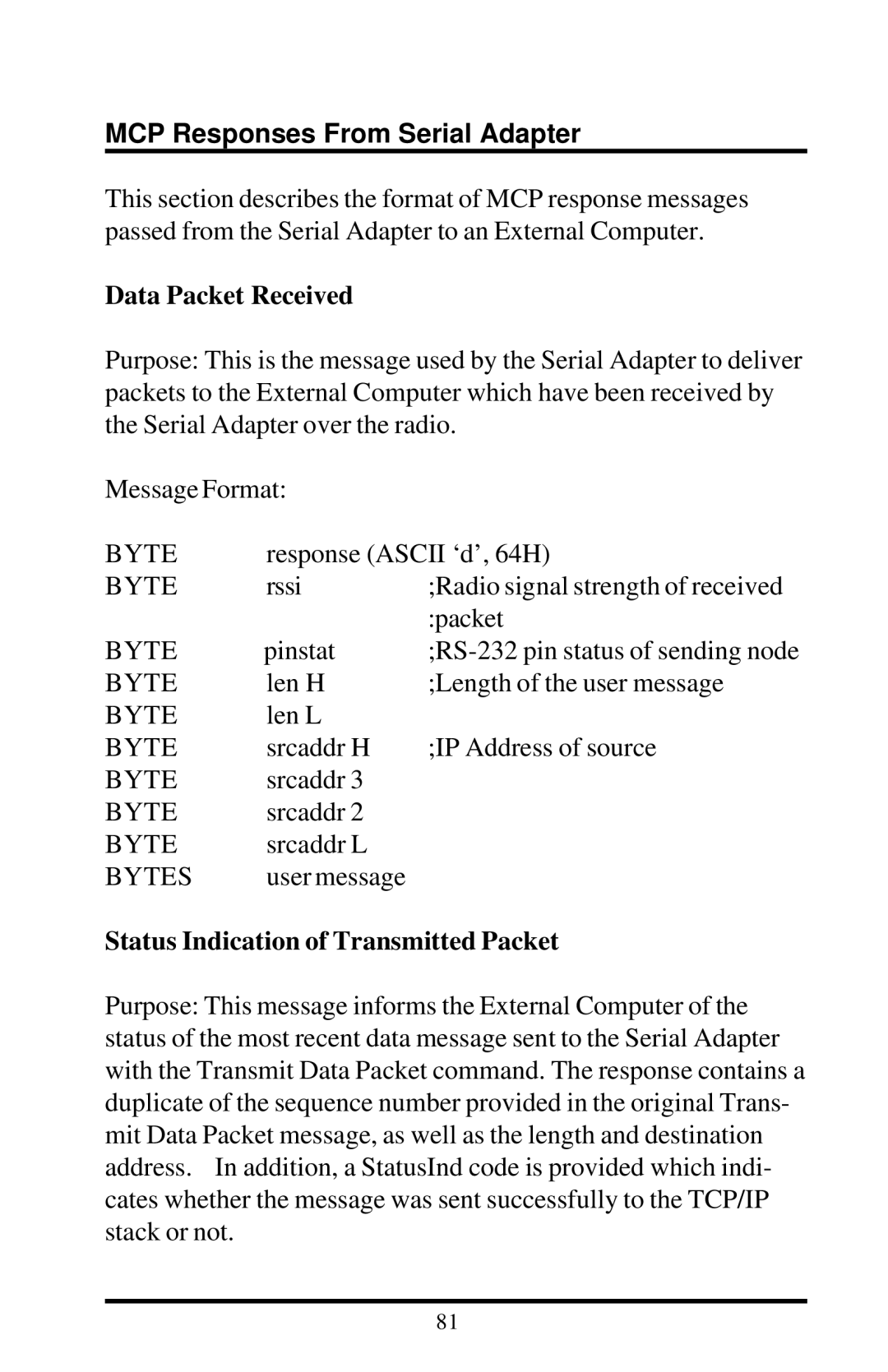 Proxima ASA 7911, 7910 MCP Responses From Serial Adapter, Data Packet Received, Status Indication of Transmitted Packet 