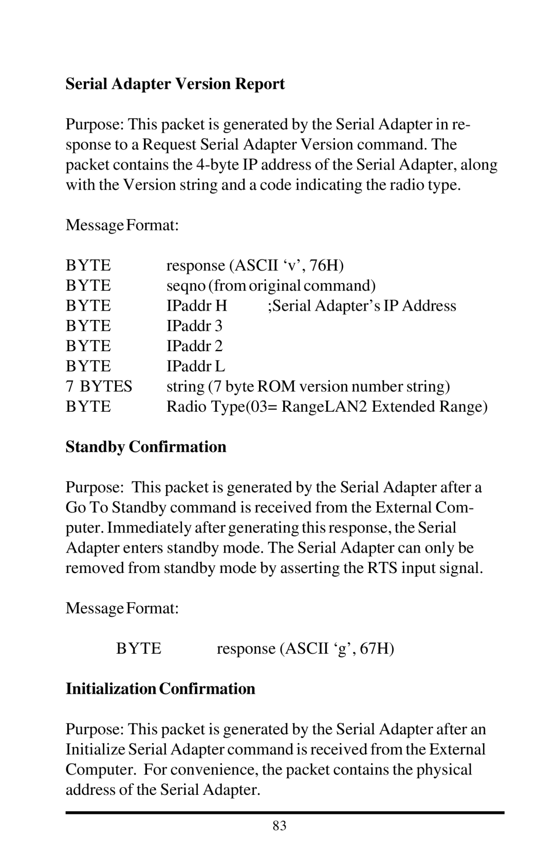 Proxima ASA 7911, 7910 manual Serial Adapter Version Report, Standby Confirmation, Initialization Confirmation 