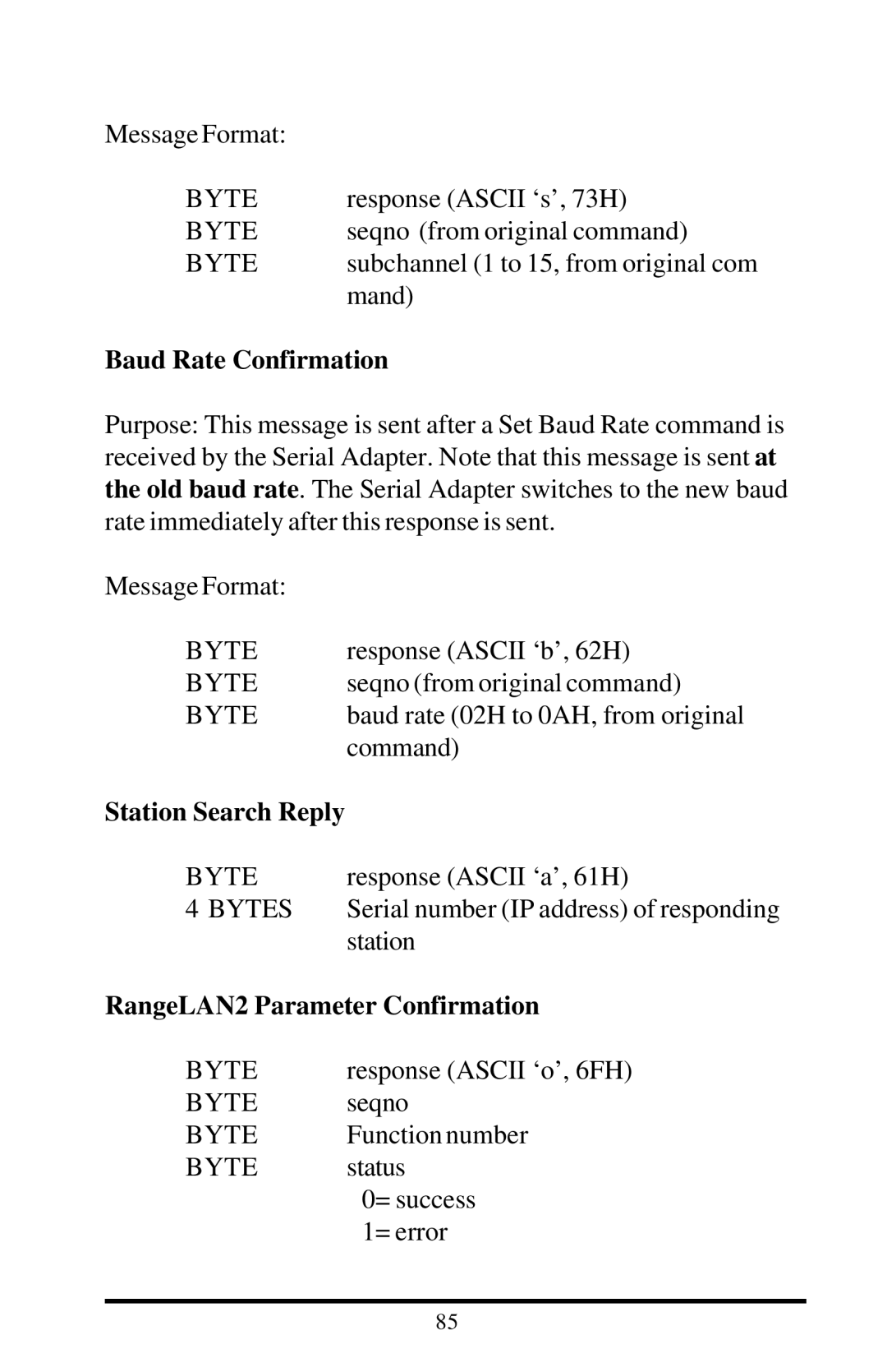 Proxima ASA 7911, 7910 manual Baud Rate Confirmation, Station Search Reply, RangeLAN2 Parameter Confirmation 