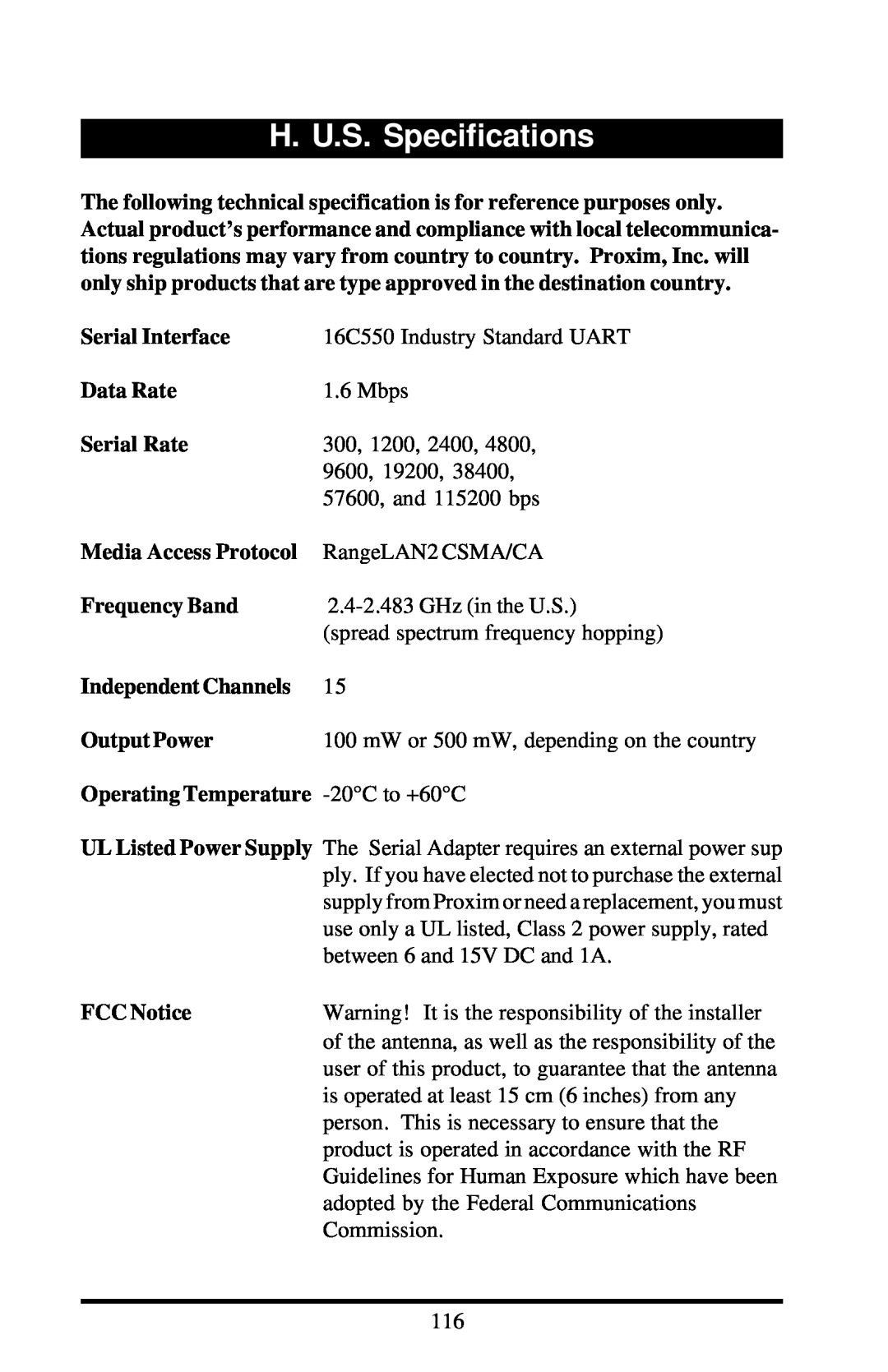 Proxima ASA 7910, 7911 manual H. U.S. Specifications 