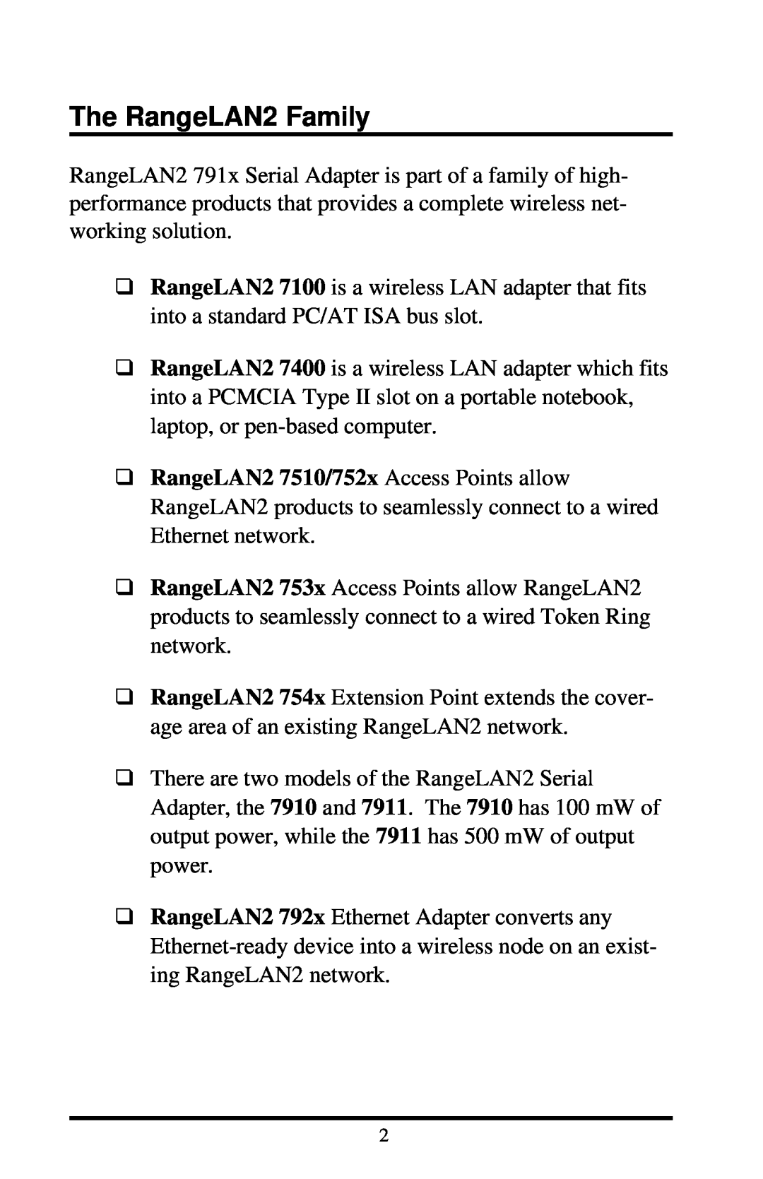 Proxima ASA 7910, 7911 manual The RangeLAN2 Family 