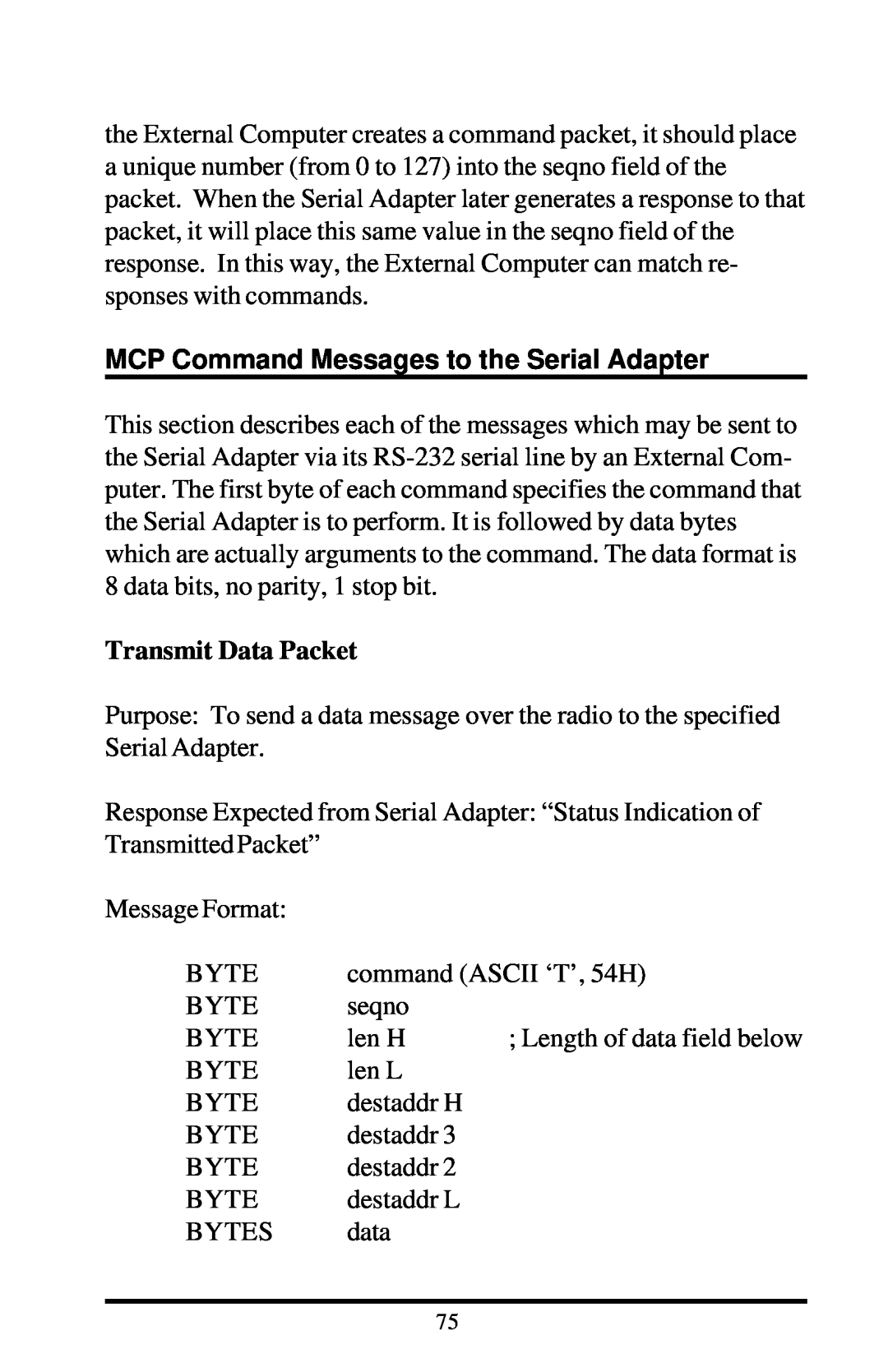 Proxima ASA 7911, 7910 manual MCP Command Messages to the Serial Adapter, Transmit Data Packet 