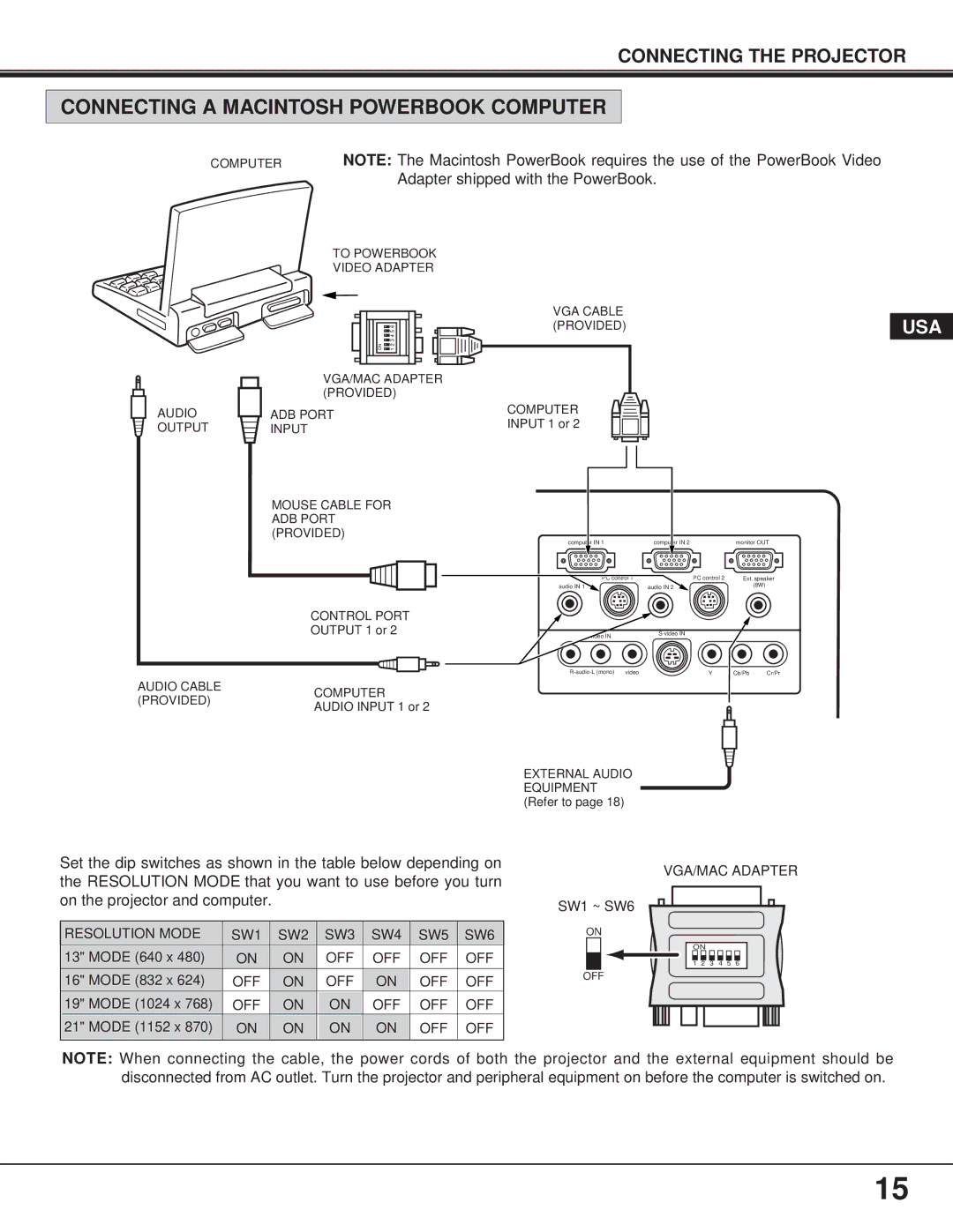 Proxima ASA 9260/9240 manual Connecting a Macintosh Powerbook Computer 