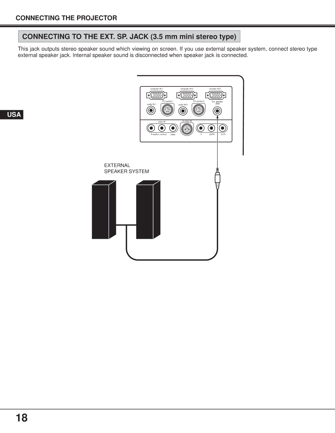 Proxima ASA 9260/9240 manual Connecting to the EXT. SP. Jack 3.5 mm mini stereo type 