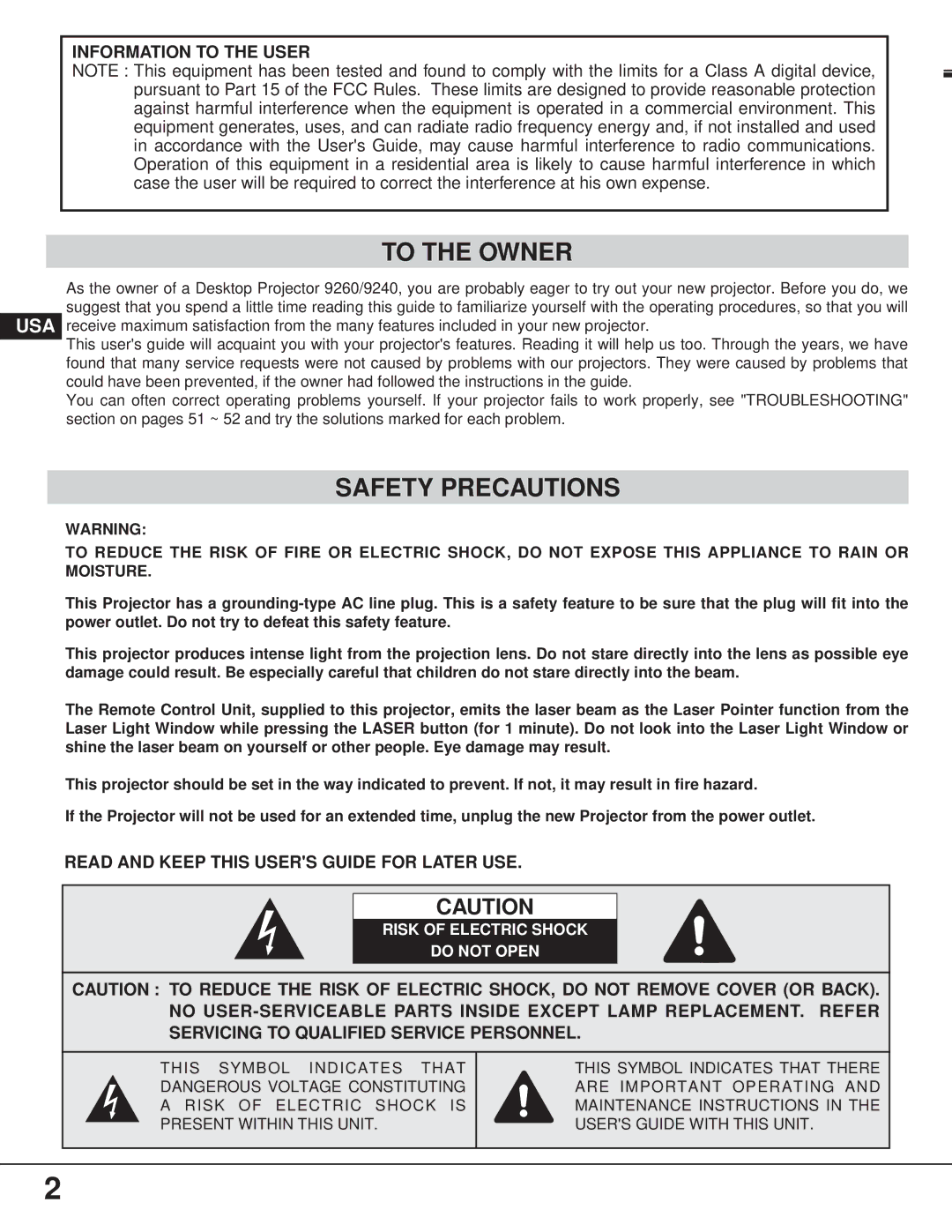 Proxima ASA 9260/9240 manual To the Owner 