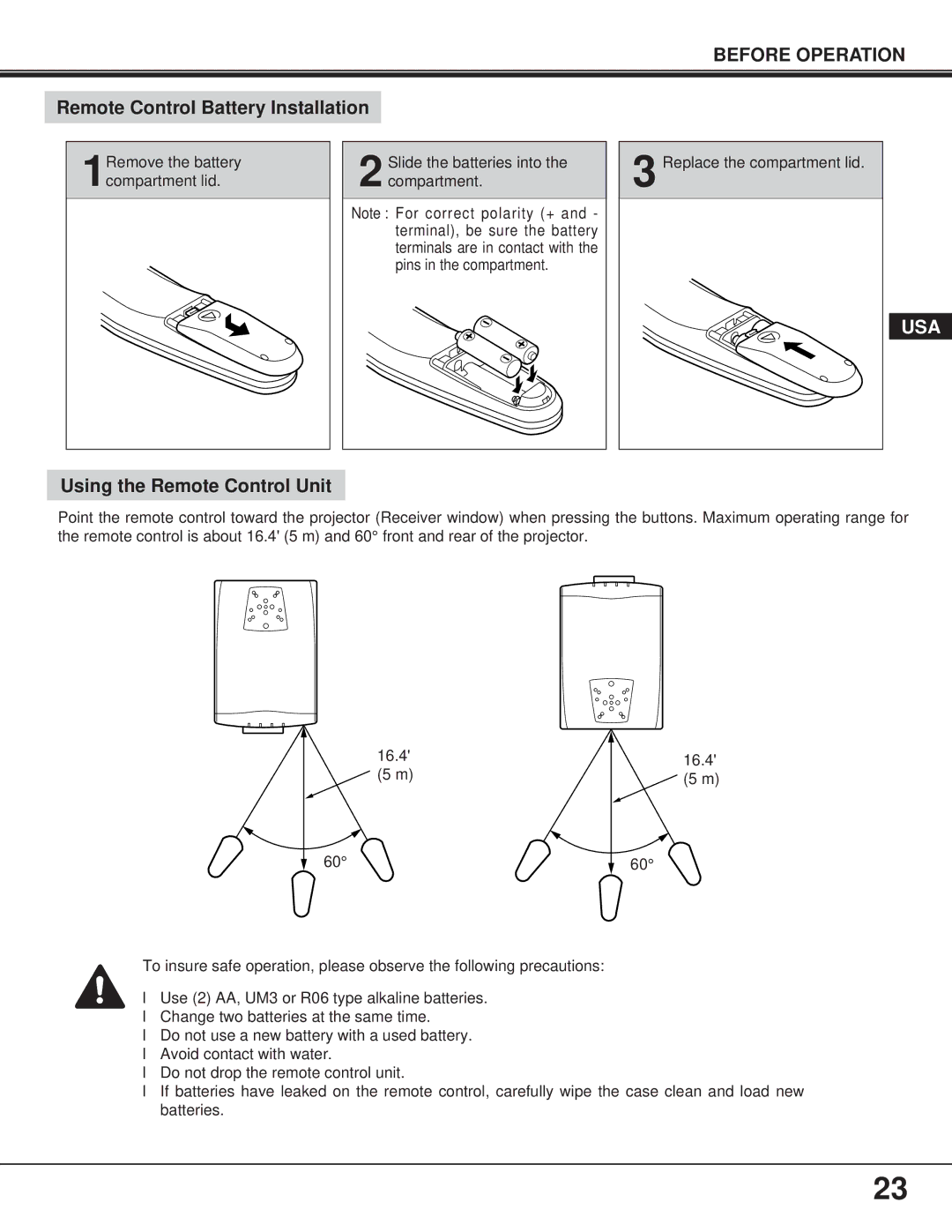 Proxima ASA 9260/9240 manual Remote Control Battery Installation 