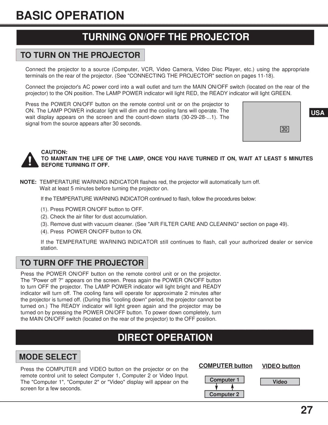 Proxima ASA 9260/9240 manual Basic Operation, Turning ON/OFF the Projector, Direct Operation 