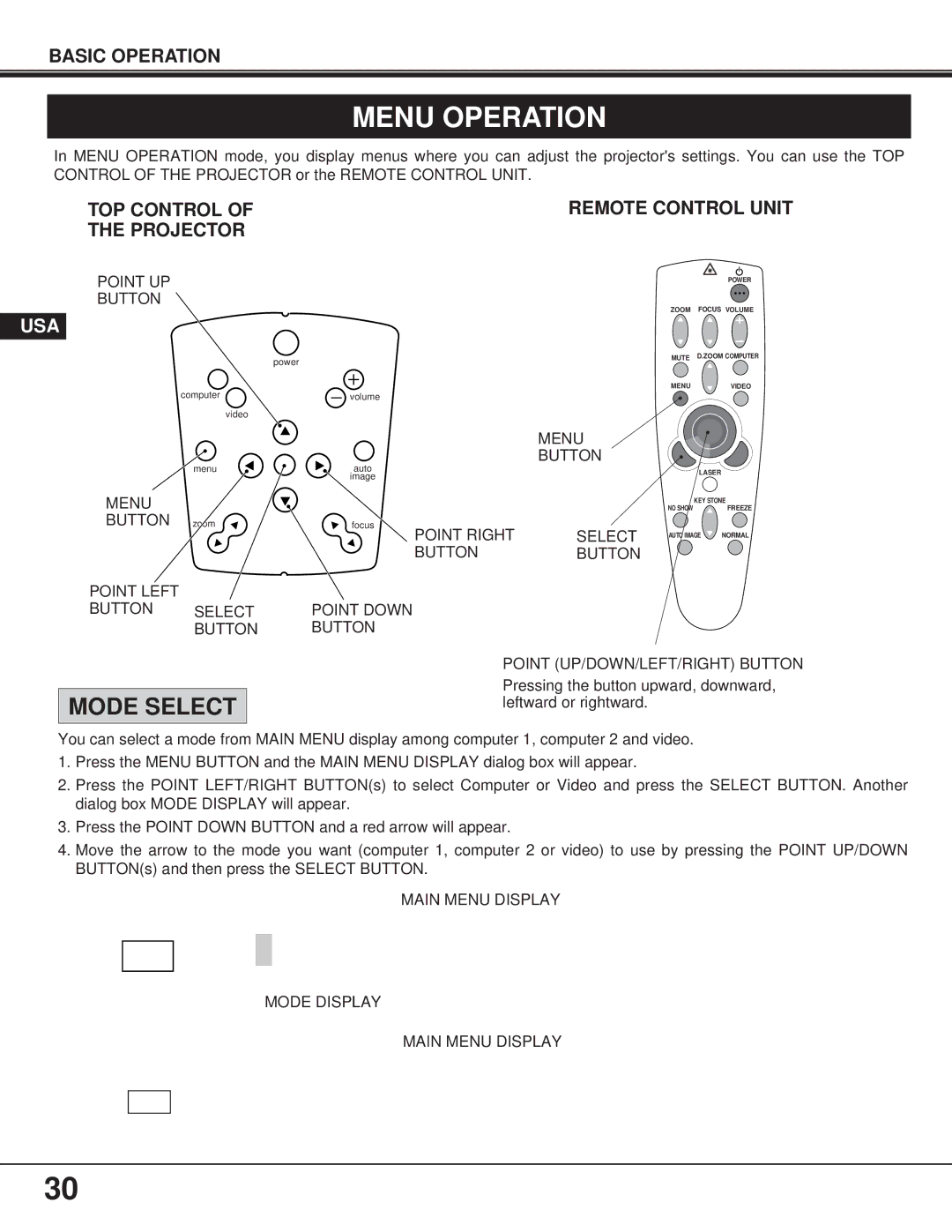 Proxima ASA 9260/9240 manual Menu Operation, Button Point Left Select Point Down 