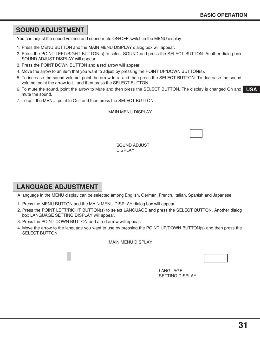 Proxima ASA 9260/9240 manual Sound Adjustment, Language Adjustment 