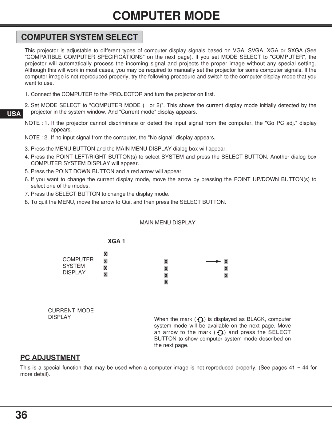 Proxima ASA 9260/9240 manual Computer Mode, Computer System Select, PC Adjustment 