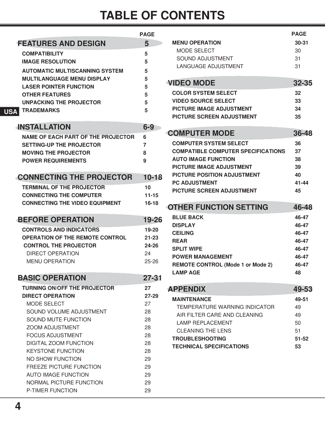 Proxima ASA 9260/9240 manual Table of Contents 