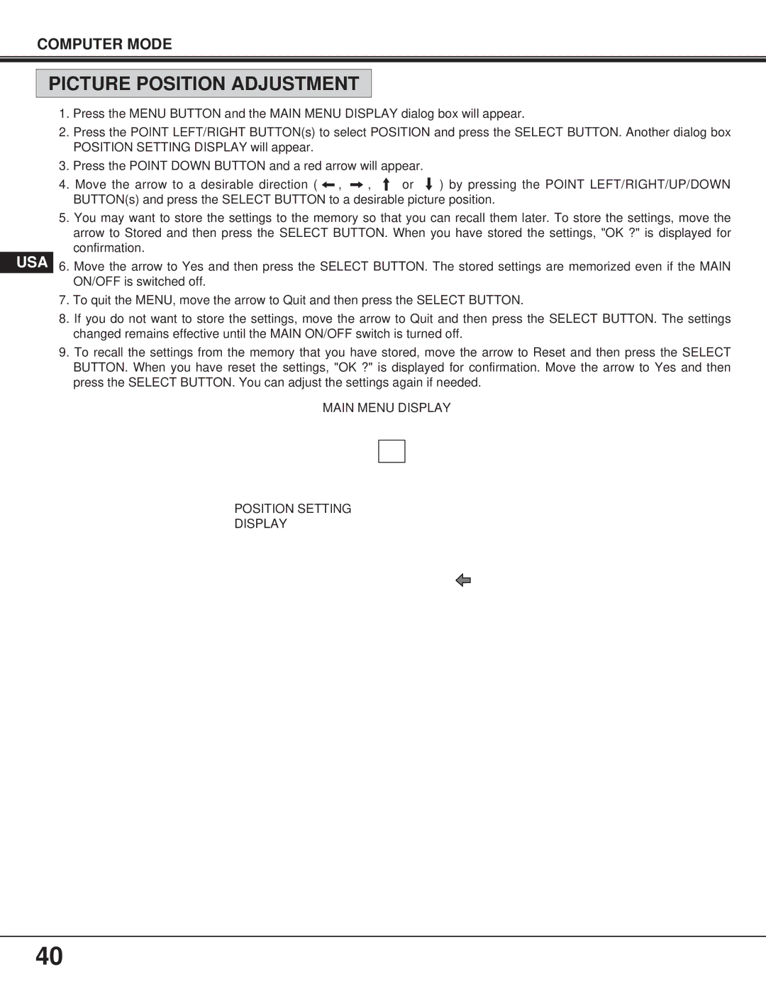 Proxima ASA 9260/9240 manual Picture Position Adjustment 