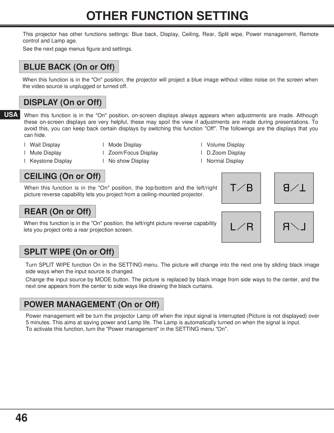 Proxima ASA 9260/9240 manual Other Function Setting, Blue Back On or Off 