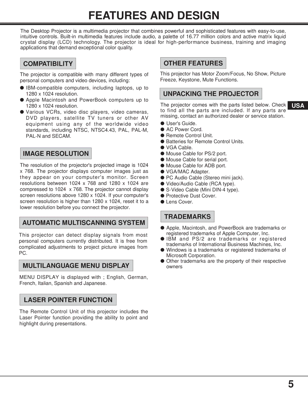 Proxima ASA 9260/9240 manual Features and Design 