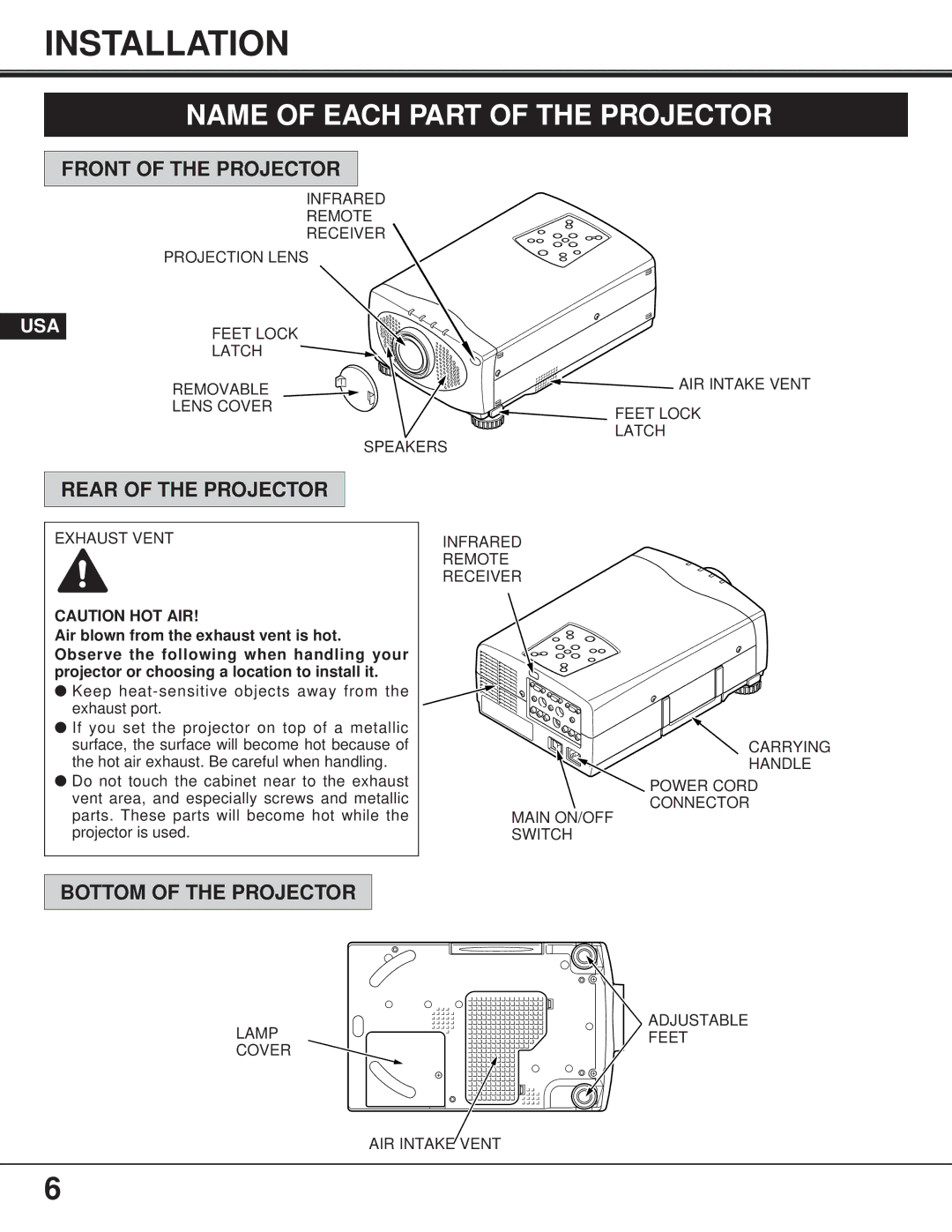 Proxima ASA 9260/9240 Installation, Name of Each Part of the Projector, Front of the Projector, Rear of the Projector 