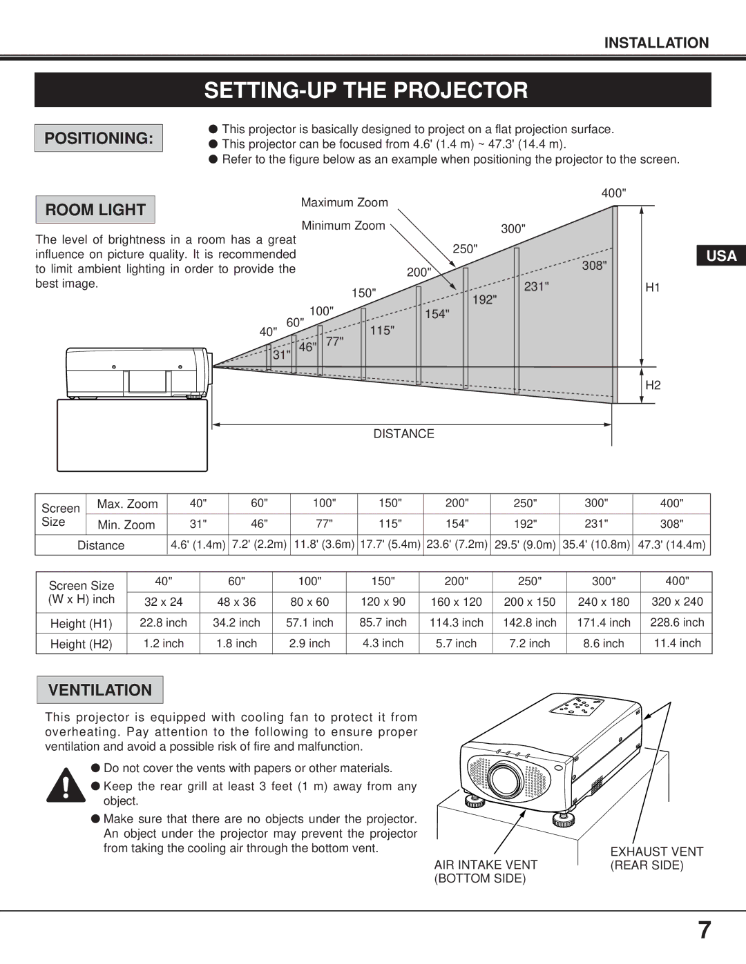 Proxima ASA 9260/9240 manual SETTING-UP the Projector, Positioning, Room Light, Ventilation 