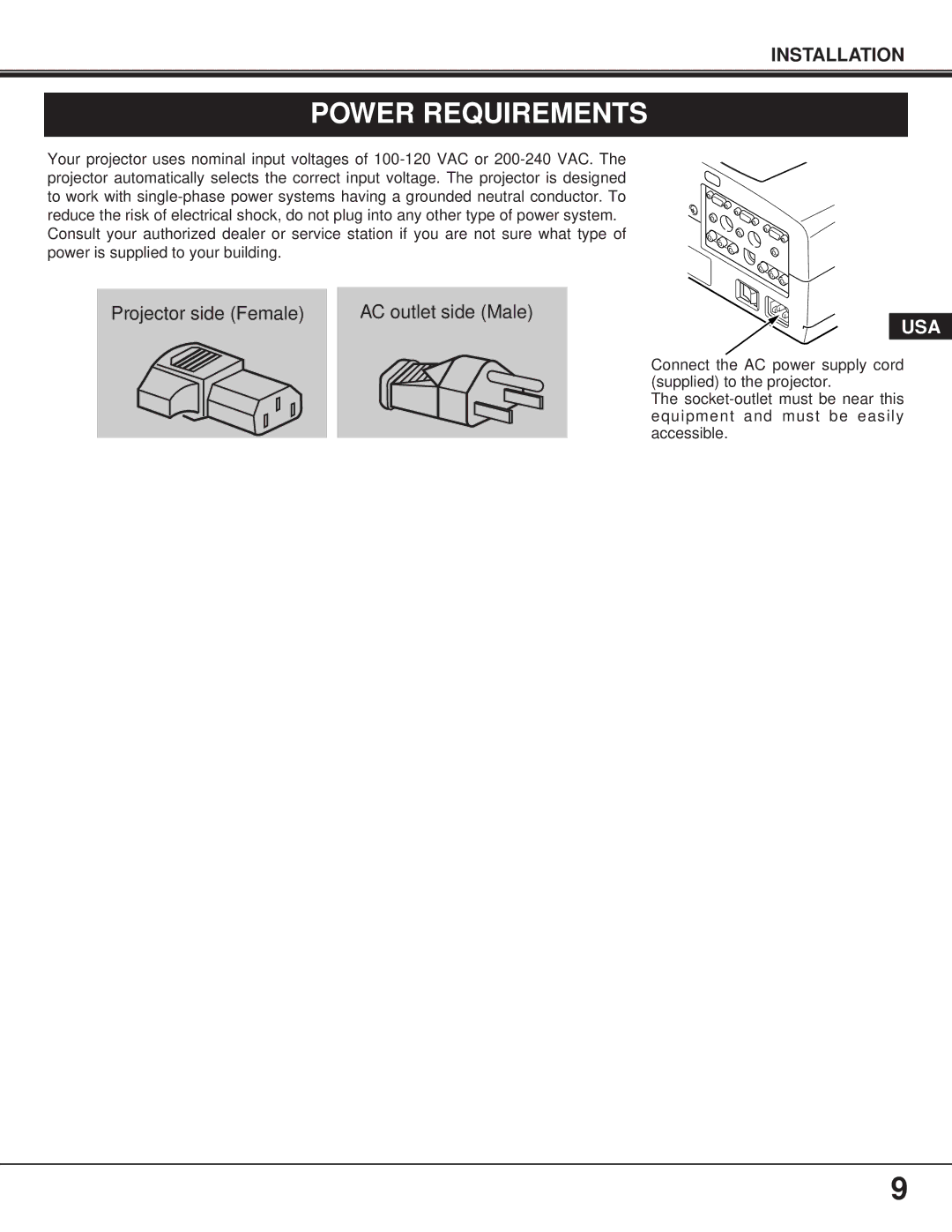 Proxima ASA 9260/9240 manual Power Requirements 