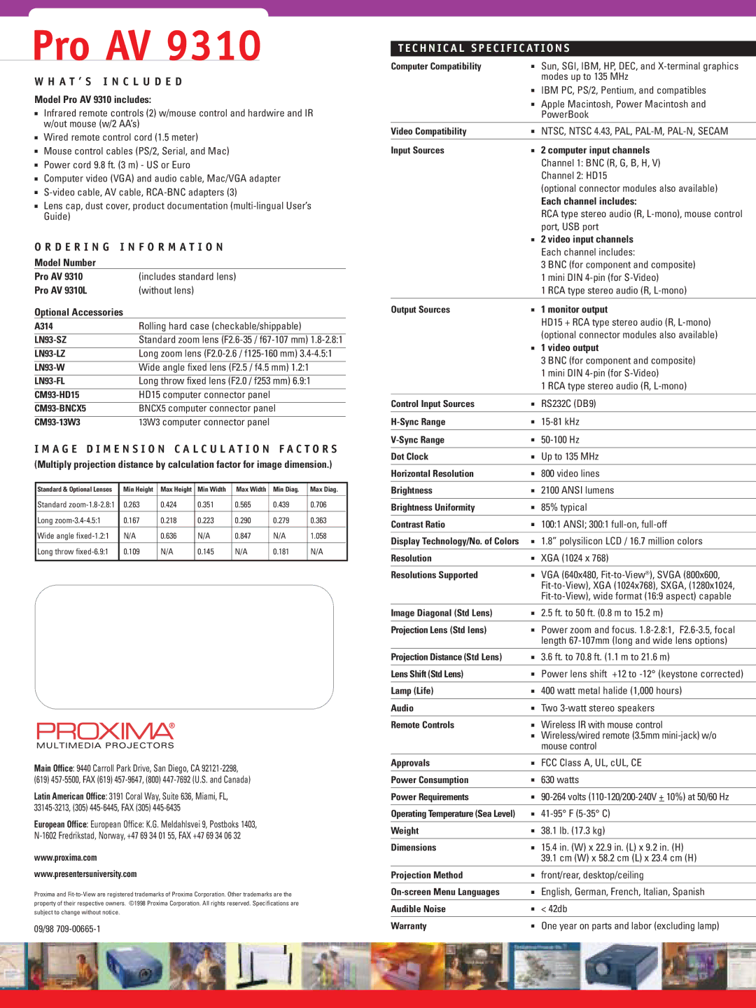 Proxima ASA Model Pro AV 9310 includes, Model Number Pro AV, Pro AV 9310L, A314, LN93-SZ, LN93-LZ, LN93-W, LN93-FL 