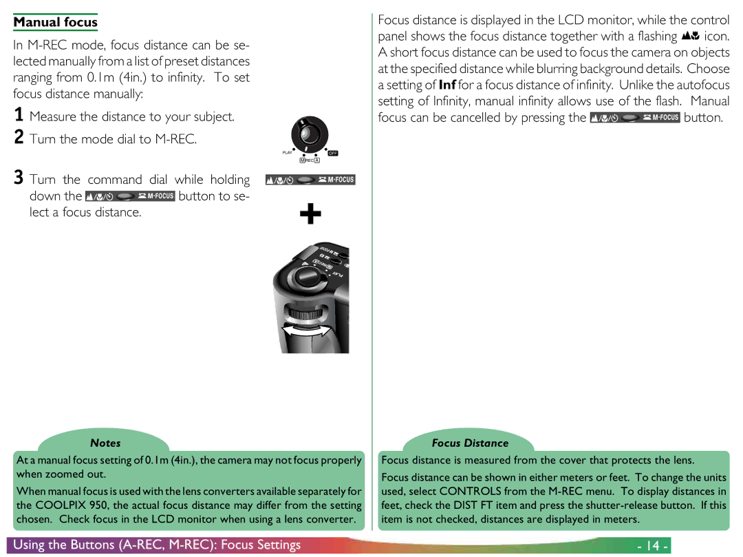Proxima ASA COOLPIX 950 manual Manual focus, Lect a focus distance, Focus Distance 