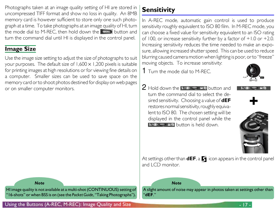 Proxima ASA COOLPIX 950 manual Sensitivity, Image Size, Turn the command dial to select the de 