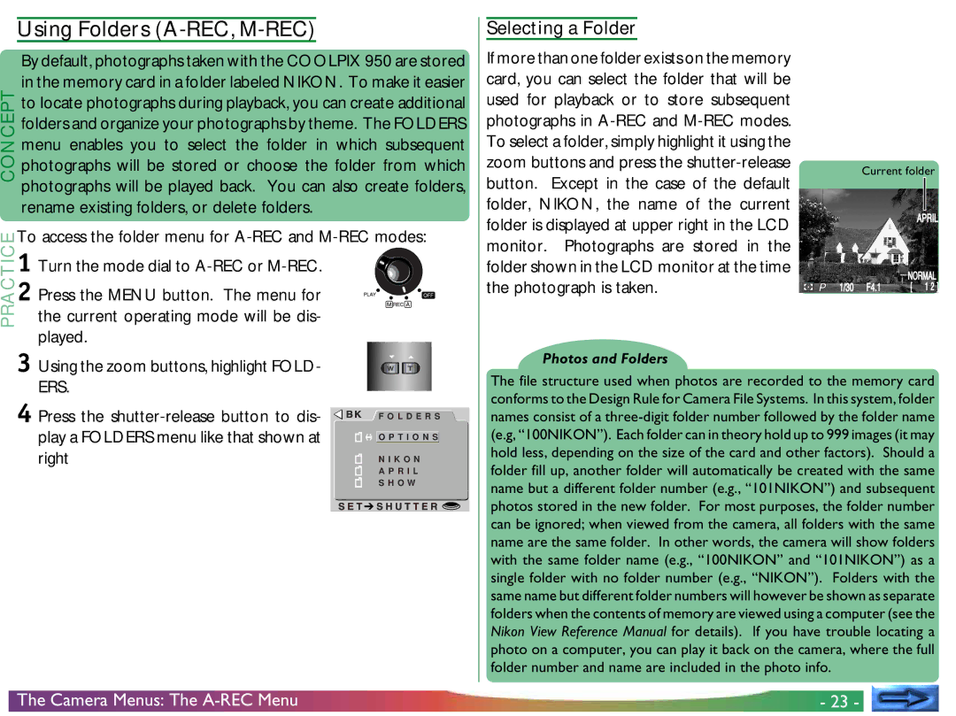 Proxima ASA COOLPIX 950 manual Using Folders A-REC, M-REC, Selecting a Folder, Right 