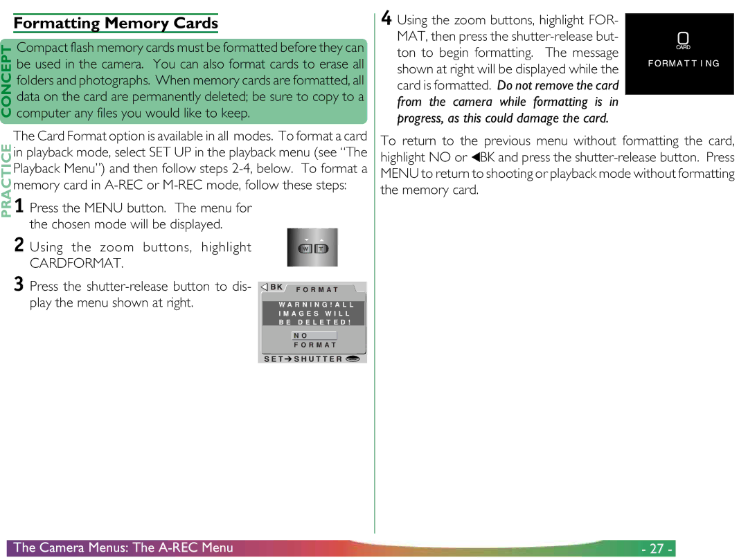 Proxima ASA COOLPIX 950 manual Formatting Memory Cards, Memory card in A-REC or M-REC mode, follow these steps 