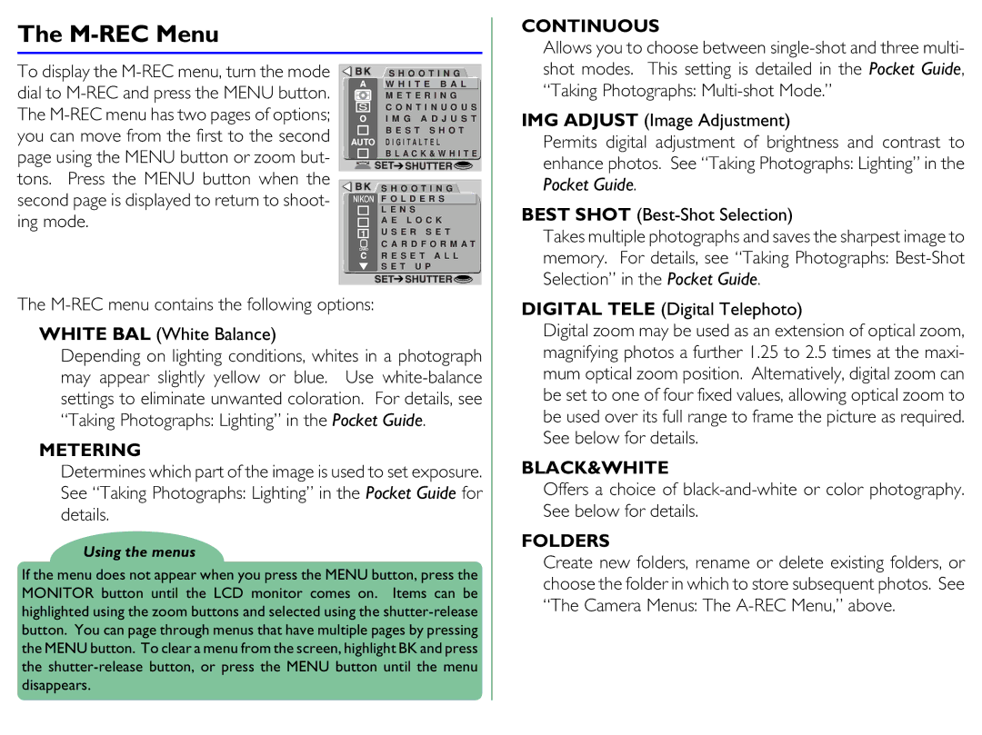 Proxima ASA COOLPIX 950 manual Camera Menus The M-REC Menu 