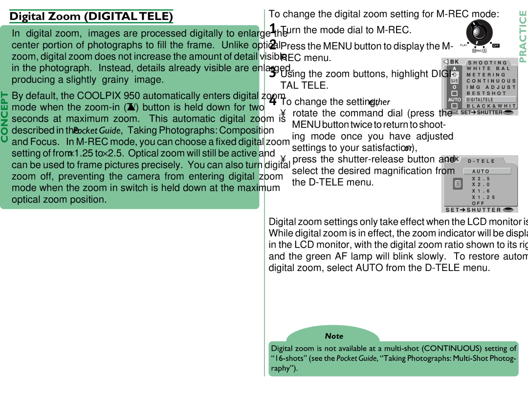 Proxima ASA COOLPIX 950 manual Digital Zoom Digital Tele, To change the digital zoom setting for M-REC mode, D-TELE menu 