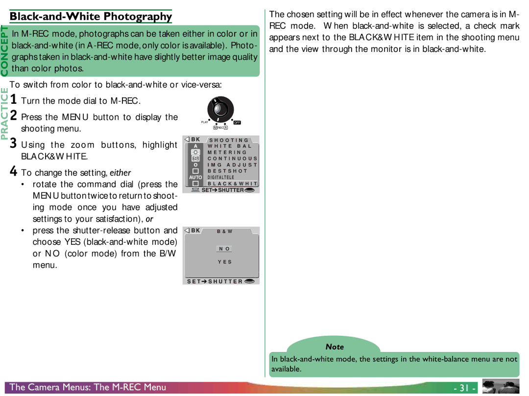 Proxima ASA COOLPIX 950 manual Black-and-White Photography, Turn the mode dial to M-REC, Shooting menu 