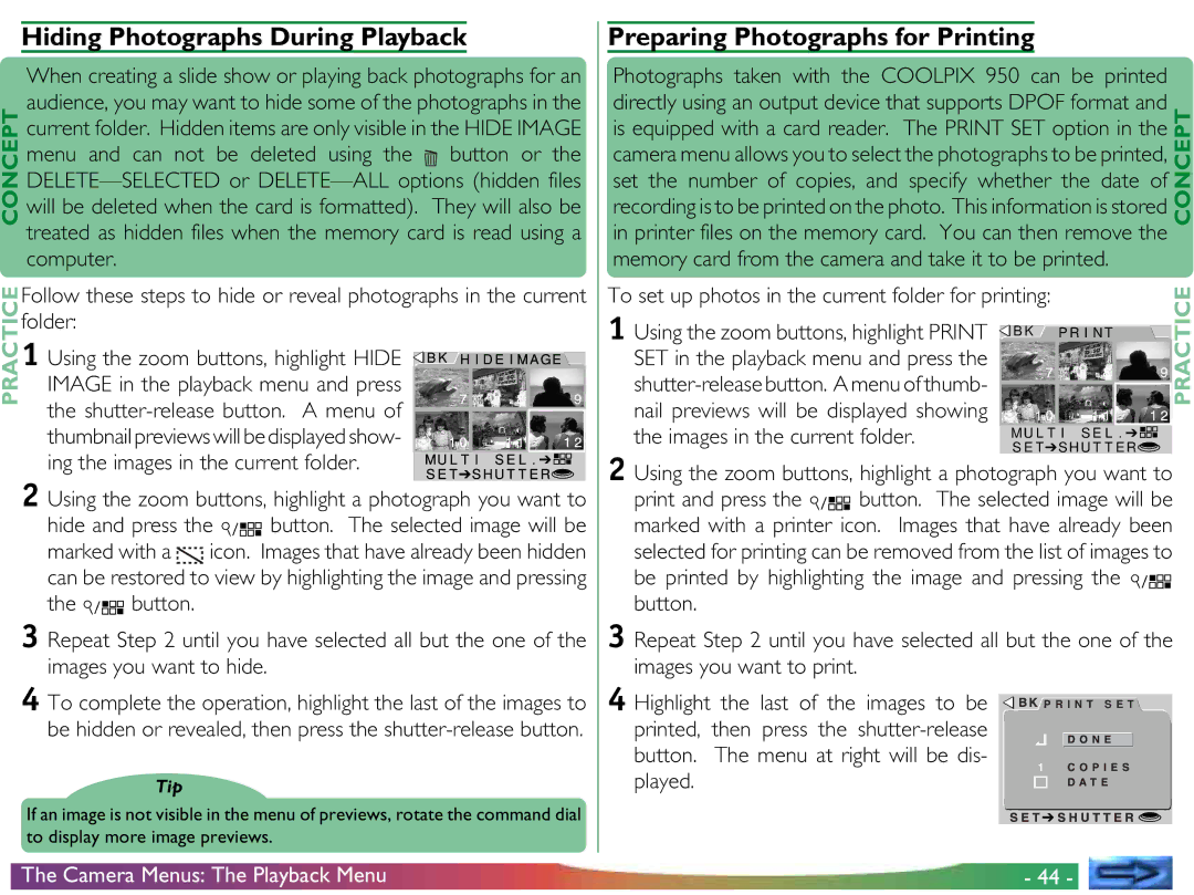 Proxima ASA COOLPIX 950 manual Hiding Photographs During Playback, Preparing Photographs for Printing 