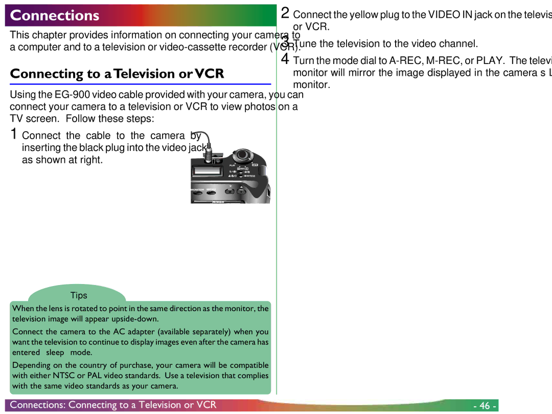 Proxima ASA COOLPIX 950 manual Connecting to aTelevision or VCR, Connections Connecting to a Television or VCR 