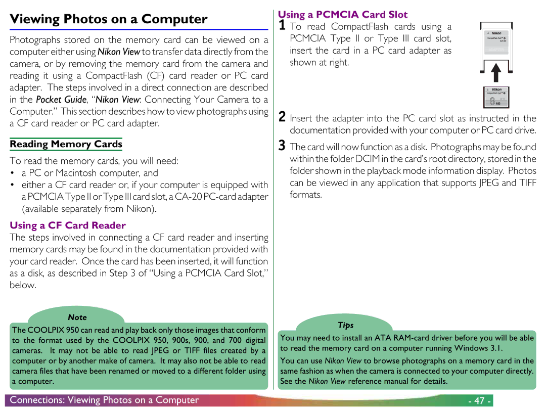 Proxima ASA COOLPIX 950 manual Viewing Photos on a Computer, Reading Memory Cards, Using a CF Card Reader 