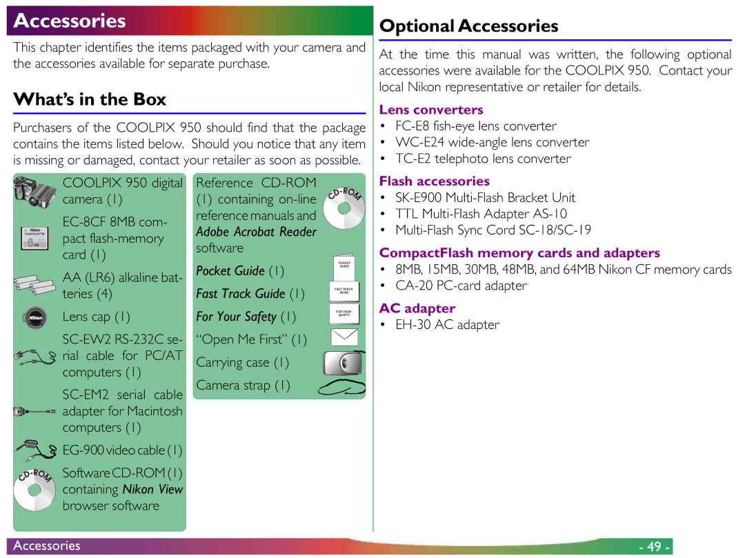 Proxima ASA COOLPIX 950 manual What’s in the Box, Optional Accessories 