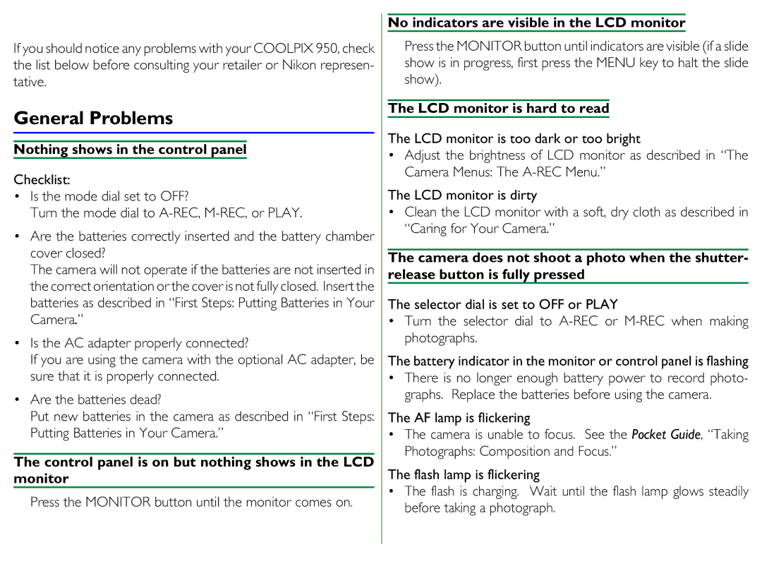 Proxima ASA COOLPIX 950 manual Troubleshooting, General Problems 