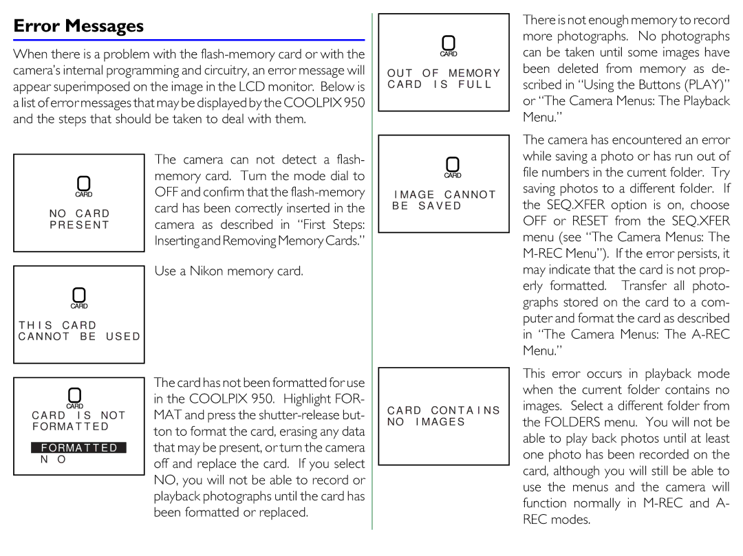 Proxima ASA COOLPIX 950 manual Use a Nikon memory card, Troubleshooting Error Messages 