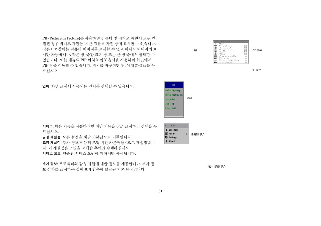 Proxima ASA DP2000X, DP2000S manual 서비스 메뉴 추가 정보 메뉴 