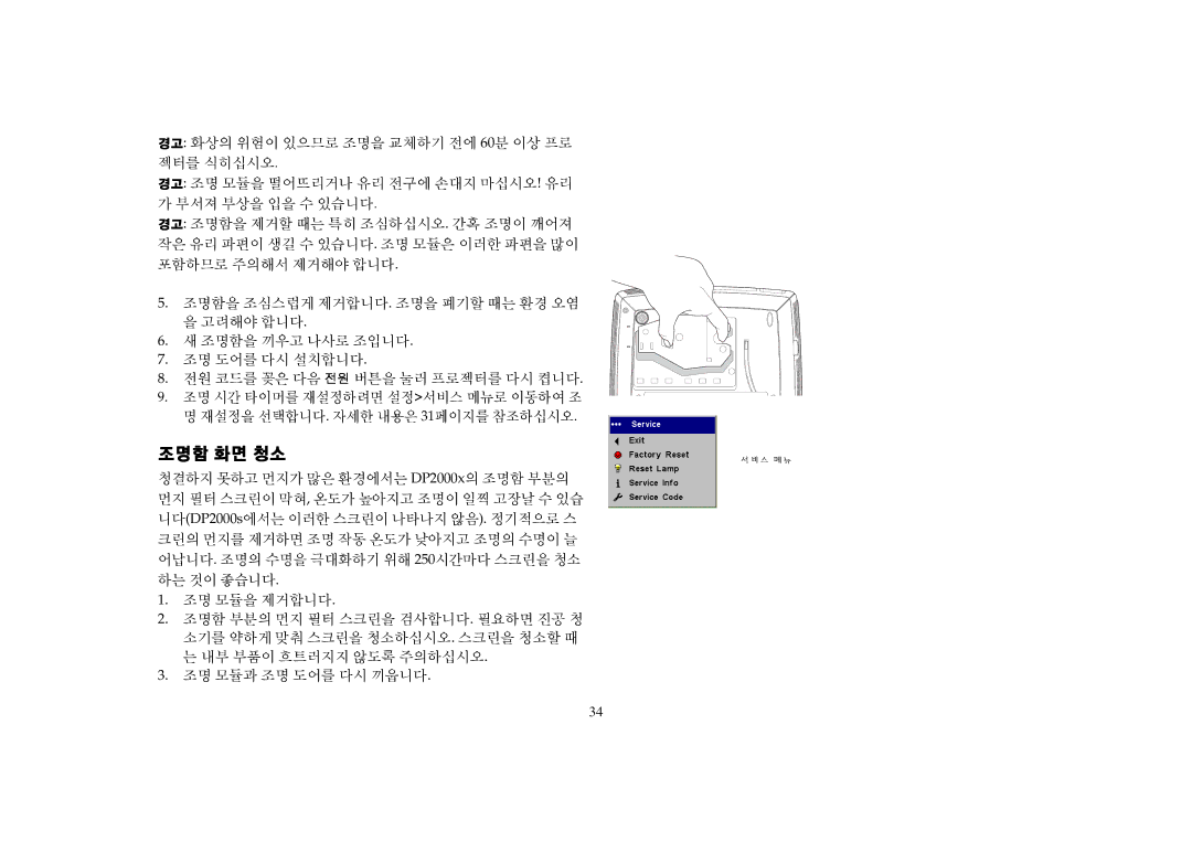 Proxima ASA DP2000S, DP2000X manual 조명함 화면 청소 