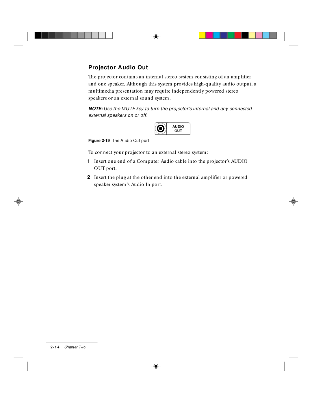 Proxima ASA DP5500 manual Projector Audio Out, 19The Audio Out port 