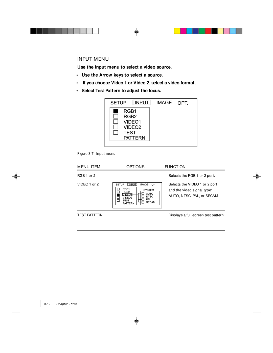 Proxima ASA DP5500 manual Input Menu, Menu Item Options Function 