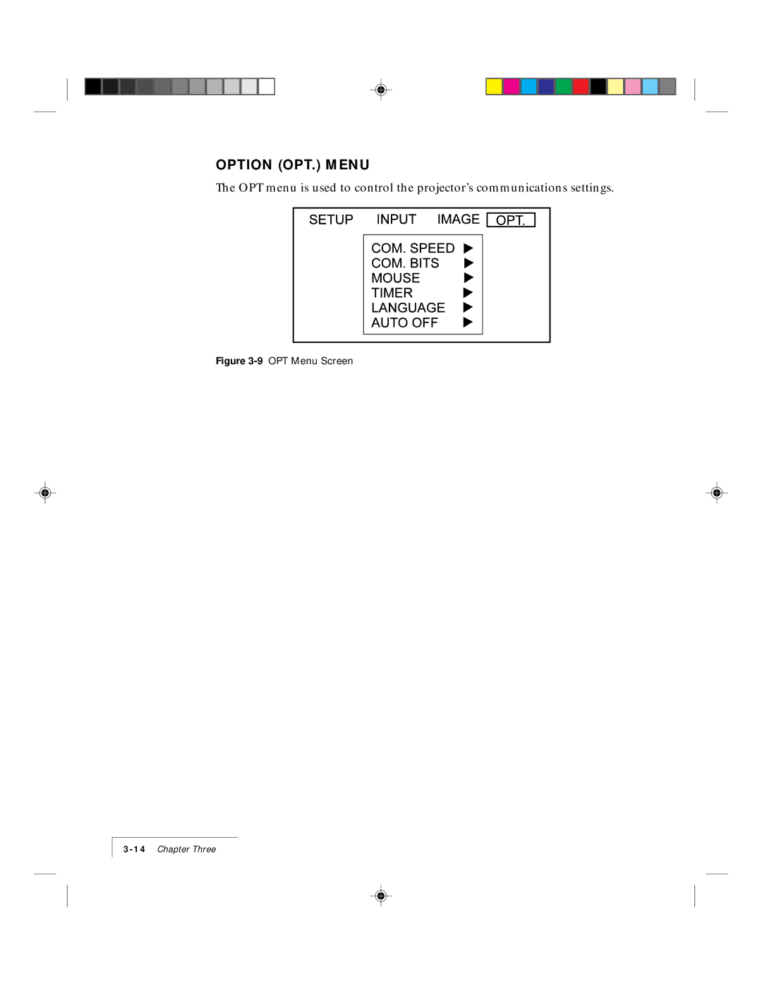 Proxima ASA DP5500 manual Option OPT. Menu, 9OPT Menu Screen 