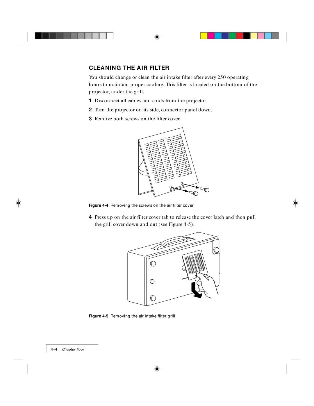 Proxima ASA DP5500 manual Cleaning the AIR Filter, 4Removing the screws on the air filter cover 