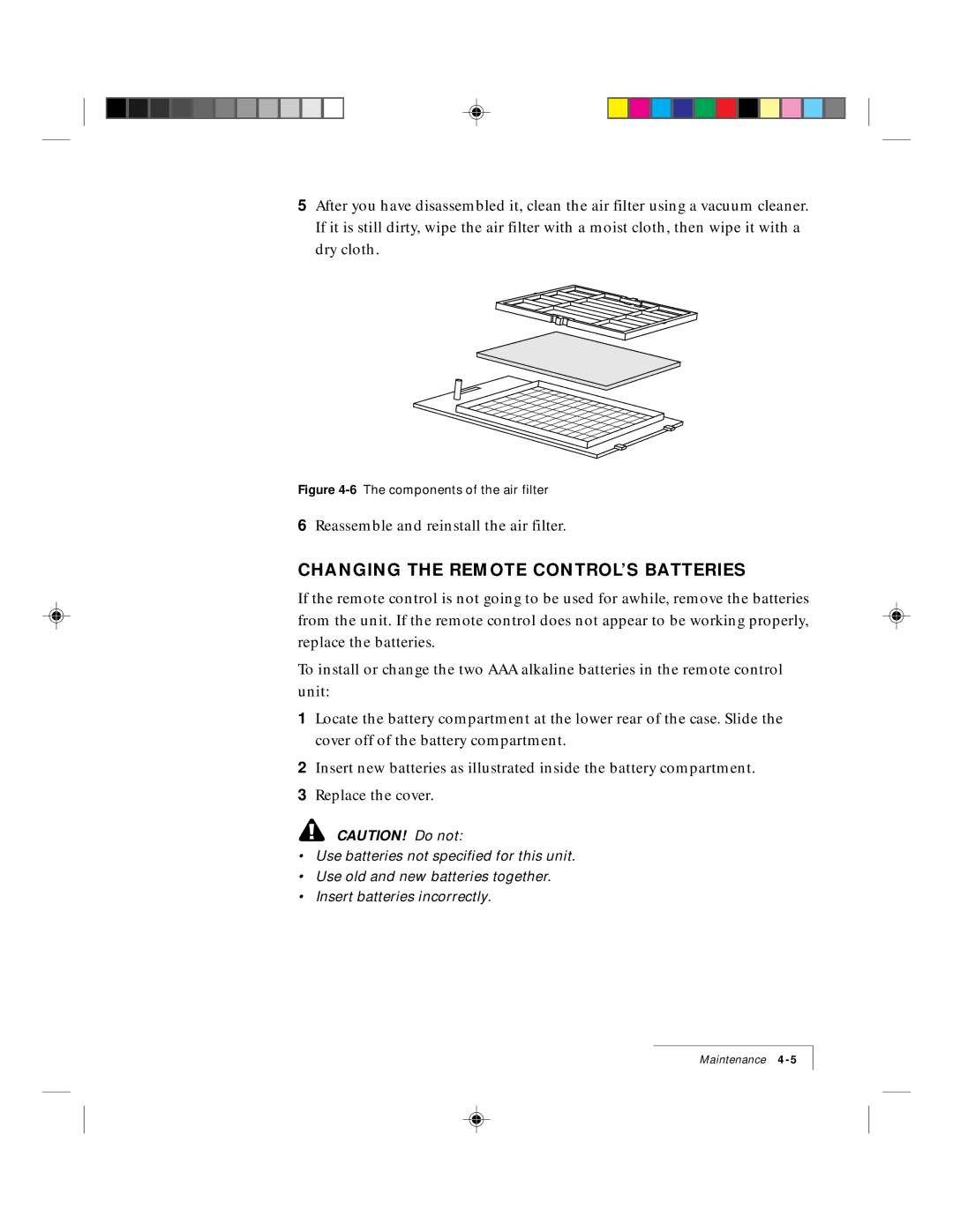 Proxima ASA DP5500 manual Changing the Remote CONTROL’S Batteries, 6The components of the air filter 